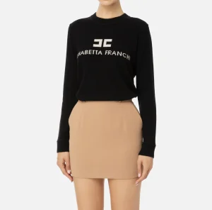 Elisabetta Franchi Maglieria E Felpe^Pullover in misto cashmere con logo Nero/Burro