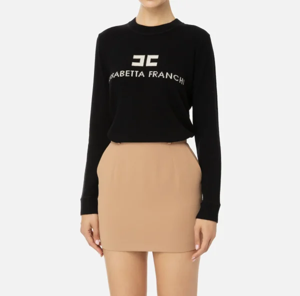 Elisabetta Franchi Maglieria E Felpe^Pullover in misto cashmere con logo Nero/Burro