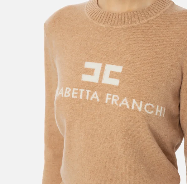 Elisabetta Franchi Maglieria E Felpe^Pullover in misto cashmere con logo CamelMelange/Avorio
