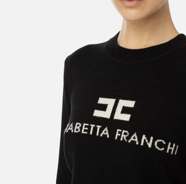 Elisabetta Franchi Maglieria E Felpe^Pullover in misto cashmere con logo Nero/Burro