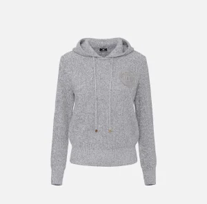 Elisabetta Franchi Maglieria E Felpe^Pullover in viscosa mouliné con cappuccio e patch logo Perla/Avorio