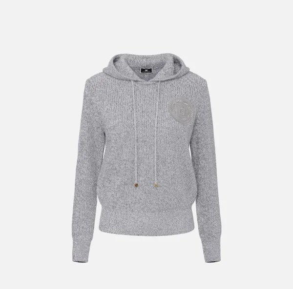 Elisabetta Franchi Maglieria E Felpe^Pullover in viscosa mouliné con cappuccio e patch logo Perla/Avorio