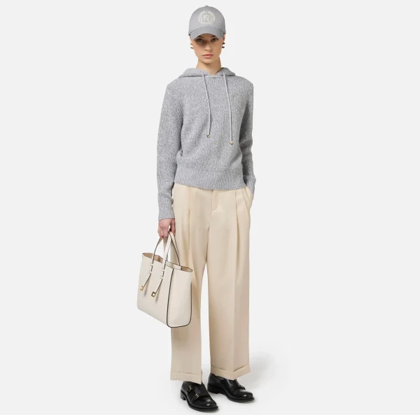 Elisabetta Franchi Maglieria E Felpe^Pullover in viscosa mouliné con cappuccio e patch logo Perla/Avorio