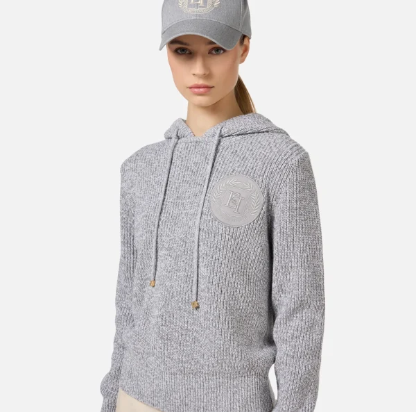 Elisabetta Franchi Maglieria E Felpe^Pullover in viscosa mouliné con cappuccio e patch logo Perla/Avorio