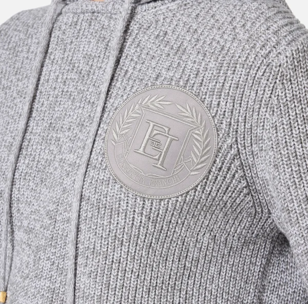 Elisabetta Franchi Maglieria E Felpe^Pullover in viscosa mouliné con cappuccio e patch logo Perla/Avorio
