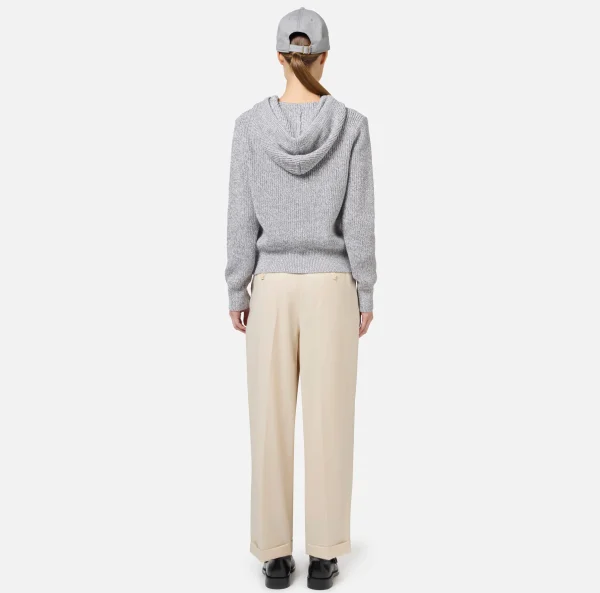 Elisabetta Franchi Maglieria E Felpe^Pullover in viscosa mouliné con cappuccio e patch logo Perla/Avorio