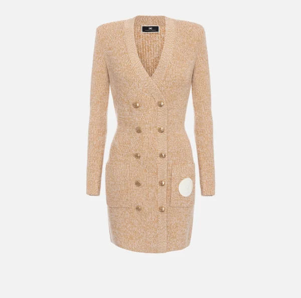 Elisabetta Franchi Mini Abiti | Abiti In Maglia^Robe manteau doppiopetto in lana mouliné con patch logo Cappuccino/Burro