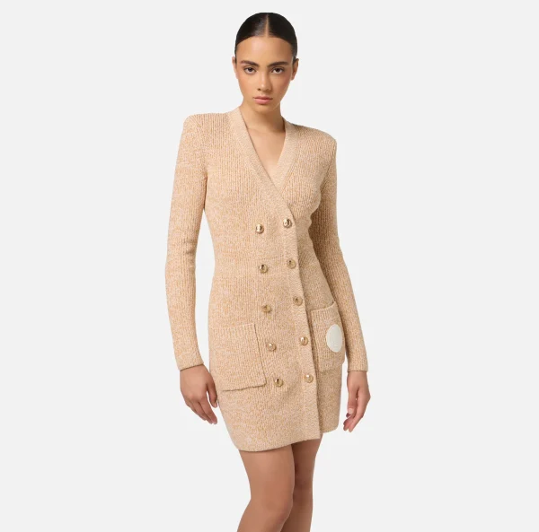 Elisabetta Franchi Mini Abiti | Abiti In Maglia^Robe manteau doppiopetto in lana mouliné con patch logo Cappuccino/Burro