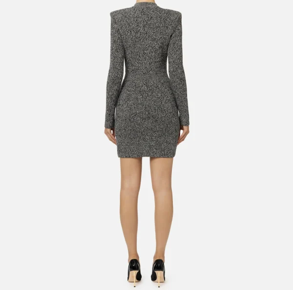 Elisabetta Franchi Mini Abiti | Abiti In Maglia^Robe manteau doppiopetto in lana mouliné con patch logo Nero/Burro