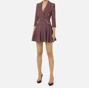 Elisabetta Franchi Mini Abiti | Robes Manteaux^Robe manteau in crêpe stretch stampa rombo con catena RougeNoir/Burro