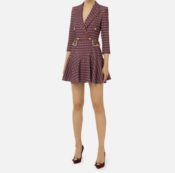 Elisabetta Franchi Mini Abiti | Robes Manteaux^Robe manteau in crêpe stretch stampa rombo con catena RougeNoir/Burro