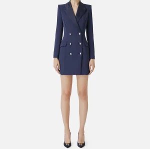 Elisabetta Franchi Mini Abiti | Robes Manteaux^Robe manteau in crêpe stretch con revers in raso Navy