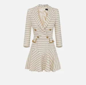 Elisabetta Franchi Mini Abiti | Robes Manteaux^Robe manteau in crêpe stretch stampa rombo con catena Burro/Nero