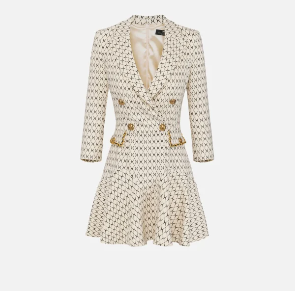 Elisabetta Franchi Mini Abiti | Robes Manteaux^Robe manteau in crêpe stretch stampa rombo con catena Burro/Nero