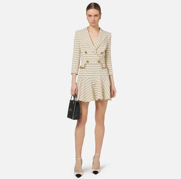 Elisabetta Franchi Mini Abiti | Robes Manteaux^Robe manteau in crêpe stretch stampa rombo con catena Burro/Nero