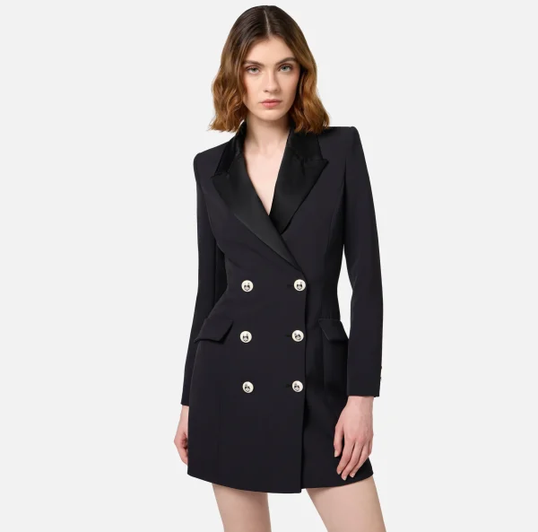 Elisabetta Franchi Mini Abiti | Robes Manteaux^Robe manteau in crêpe stretch con revers in raso Nero