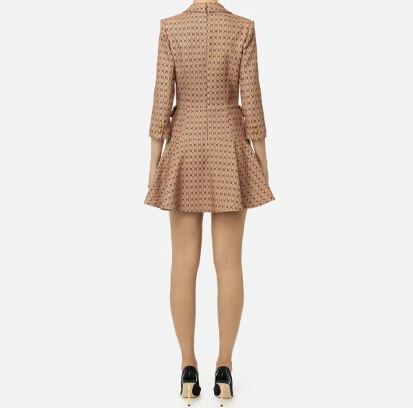 Elisabetta Franchi Mini Abiti | Robes Manteaux^Robe manteau in crêpe stretch stampa rombo con catena Camel/Nero