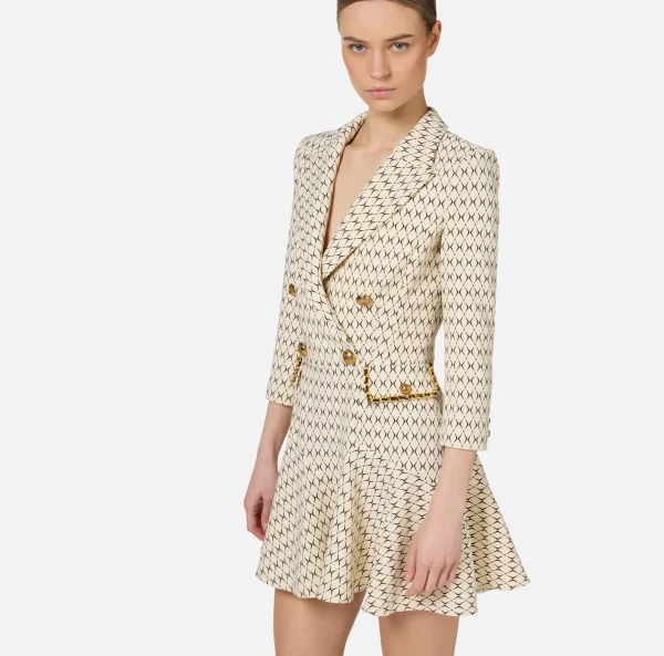 Elisabetta Franchi Mini Abiti | Robes Manteaux^Robe manteau in crêpe stretch stampa rombo con catena Burro/Nero