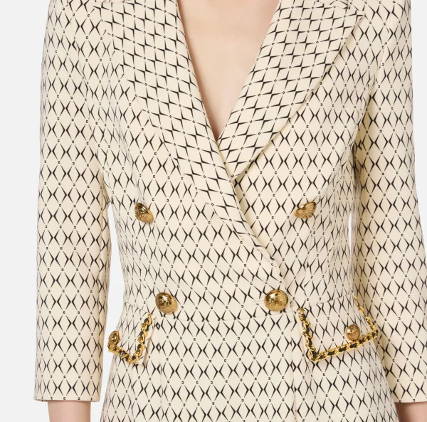 Elisabetta Franchi Mini Abiti | Robes Manteaux^Robe manteau in crêpe stretch stampa rombo con catena Burro/Nero