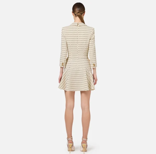 Elisabetta Franchi Mini Abiti | Robes Manteaux^Robe manteau in crêpe stretch stampa rombo con catena Burro/Nero