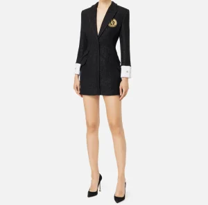 Elisabetta Franchi Mini Abiti | Robes Manteaux^Robe manteau in tweed laminato con patch logo Nero