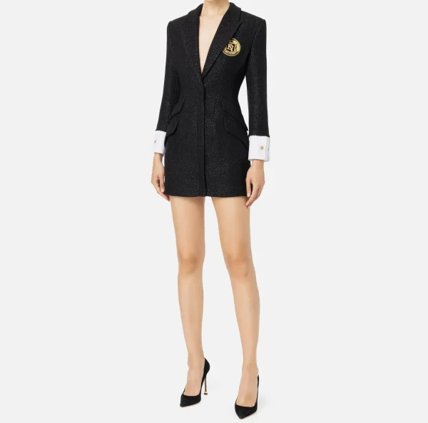 Elisabetta Franchi Mini Abiti | Robes Manteaux^Robe manteau in tweed laminato con patch logo Nero
