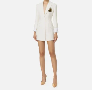Elisabetta Franchi Mini Abiti | Robes Manteaux^Robe manteau in tweed laminato con patch logo Avorio