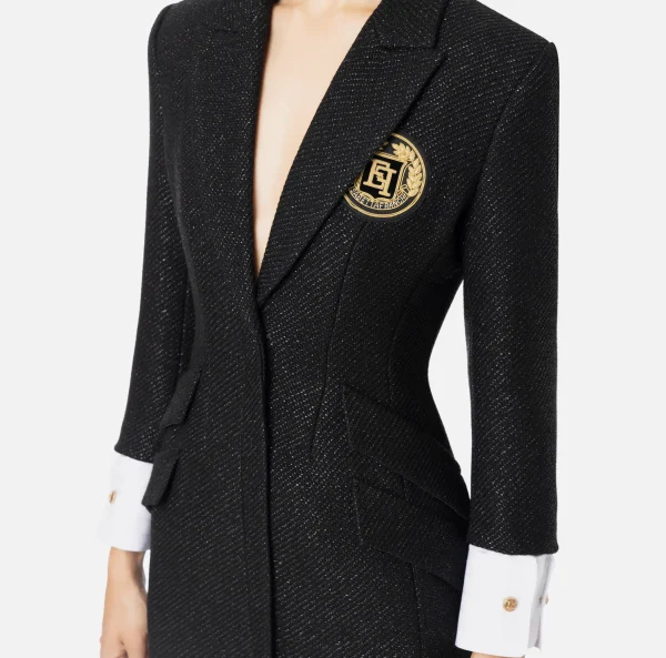 Elisabetta Franchi Mini Abiti | Robes Manteaux^Robe manteau in tweed laminato con patch logo Nero