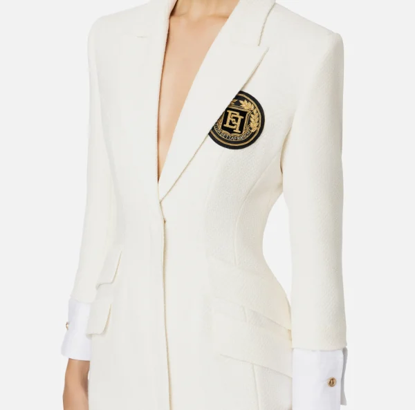 Elisabetta Franchi Mini Abiti | Robes Manteaux^Robe manteau in tweed laminato con patch logo Avorio