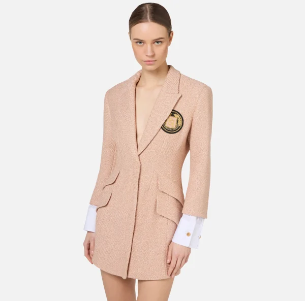 Elisabetta Franchi Mini Abiti | Robes Manteaux^Robe manteau in tweed laminato con patch logo PeachRose