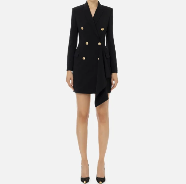 Elisabetta Franchi Mini Abiti | Robes Manteaux^Robe-manteau doppiopetto in crêpe con ruche Nero