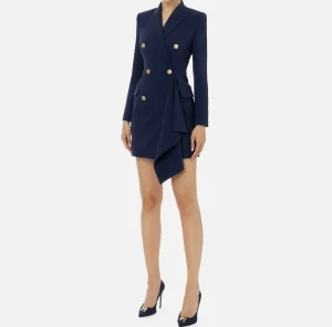 Elisabetta Franchi Mini Abiti | Robes Manteaux^Robe-manteau doppiopetto in crêpe con ruche Navy