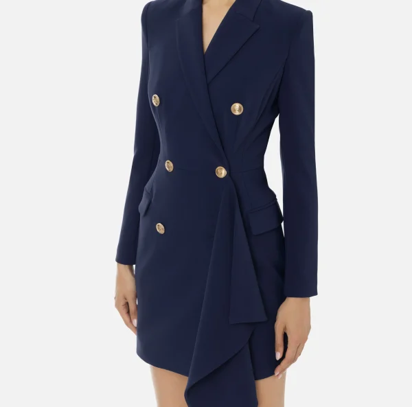 Elisabetta Franchi Mini Abiti | Robes Manteaux^Robe-manteau doppiopetto in crêpe con ruche Navy