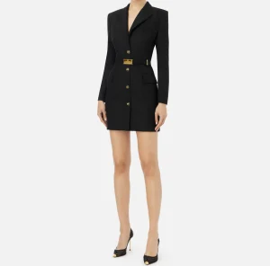 Elisabetta Franchi Mini Abiti | Robes Manteaux^Robe-manteau in fresco lana con cintura Nero