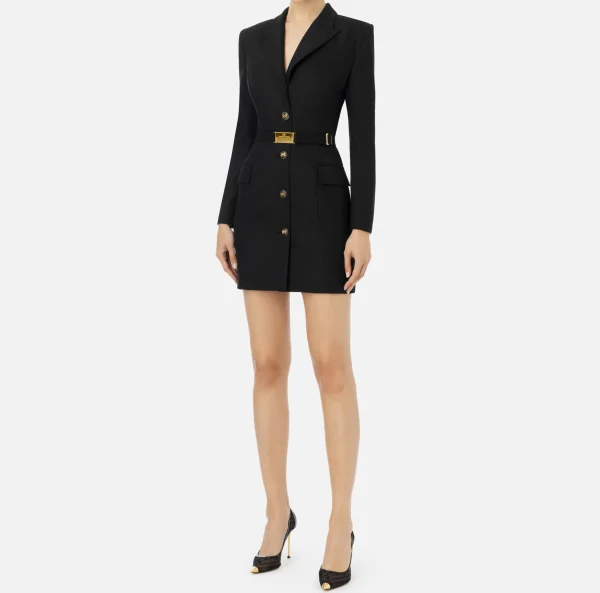 Elisabetta Franchi Mini Abiti | Robes Manteaux^Robe-manteau in fresco lana con cintura Nero