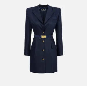 Elisabetta Franchi Mini Abiti | Robes Manteaux^Robe-manteau in fresco lana con cintura Navy