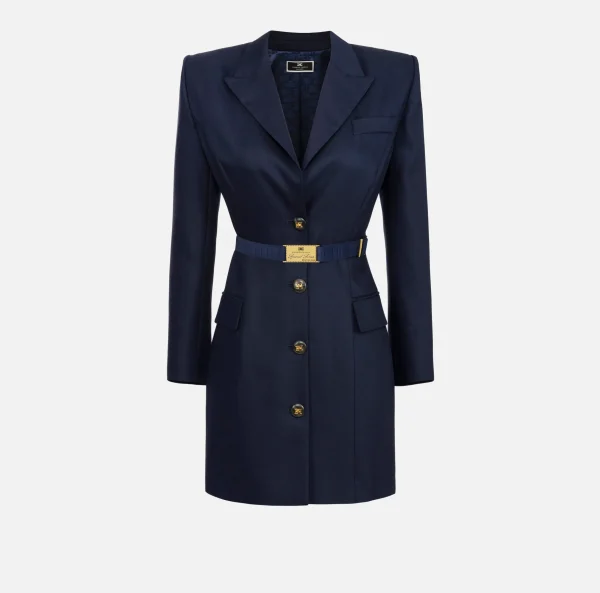 Elisabetta Franchi Mini Abiti | Robes Manteaux^Robe-manteau in fresco lana con cintura Navy