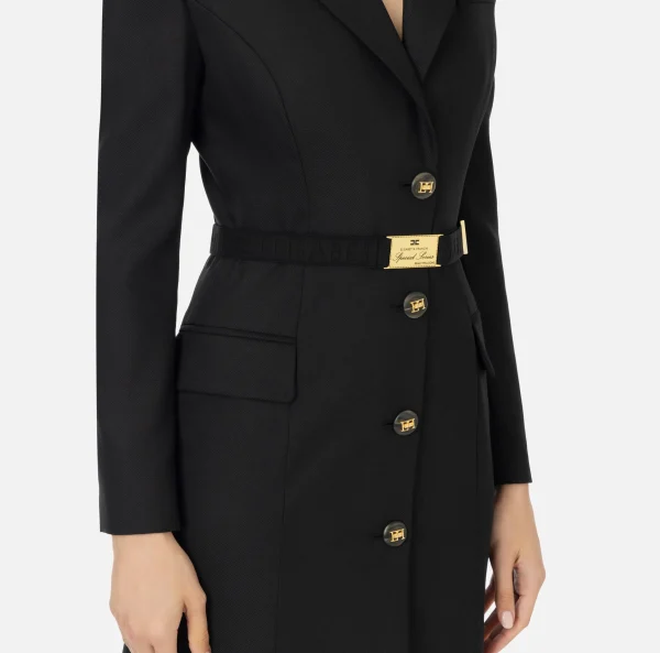Elisabetta Franchi Mini Abiti | Robes Manteaux^Robe-manteau in fresco lana con cintura Nero