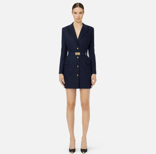 Elisabetta Franchi Mini Abiti | Robes Manteaux^Robe-manteau in fresco lana con cintura Navy