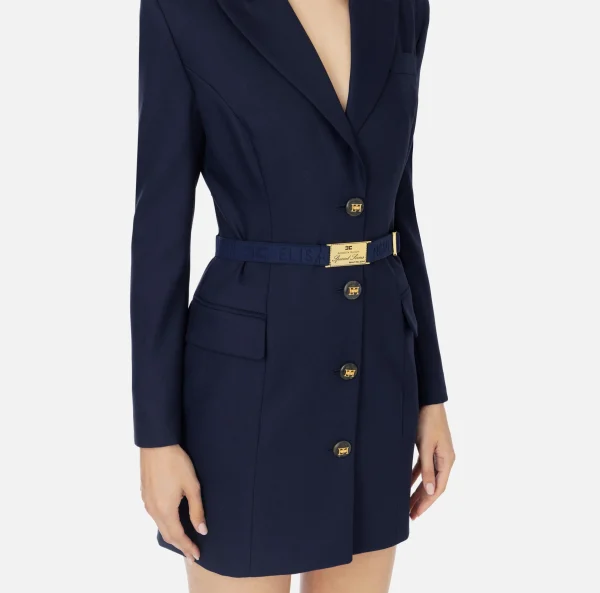 Elisabetta Franchi Mini Abiti | Robes Manteaux^Robe-manteau in fresco lana con cintura Navy