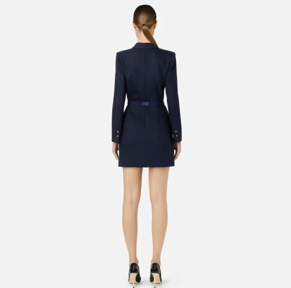 Elisabetta Franchi Mini Abiti | Robes Manteaux^Robe-manteau in fresco lana con cintura Navy