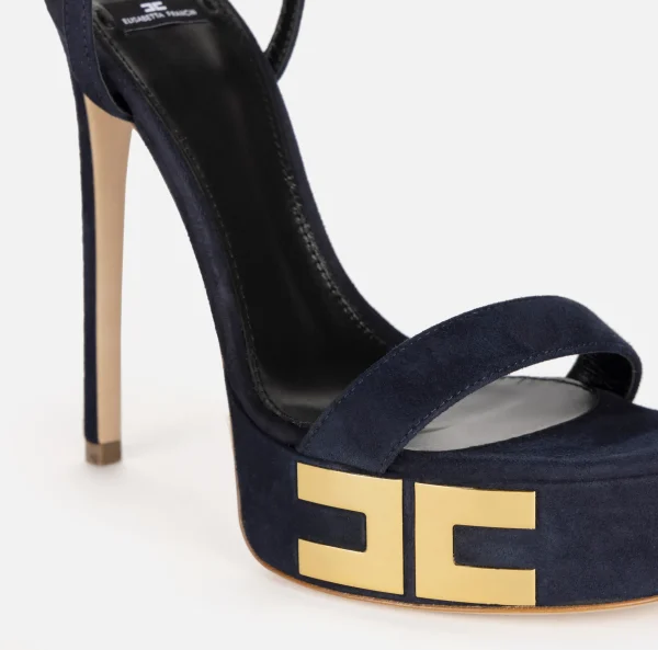 Elisabetta Franchi Sandali^Sandali plateau in camoscio con logo Navy
