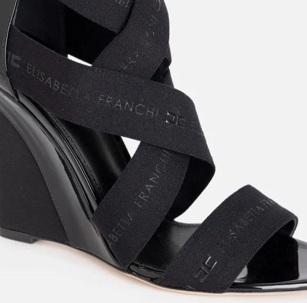 Elisabetta Franchi Sandali^Sandalo in pelle con zeppa e elastici jacquard Nero