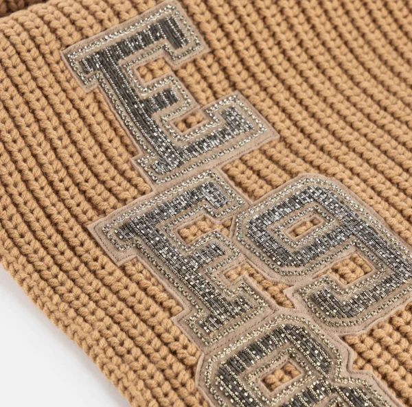 Elisabetta Franchi Sciarpe^Sciarpa in lana a coste con patch stile college Camel