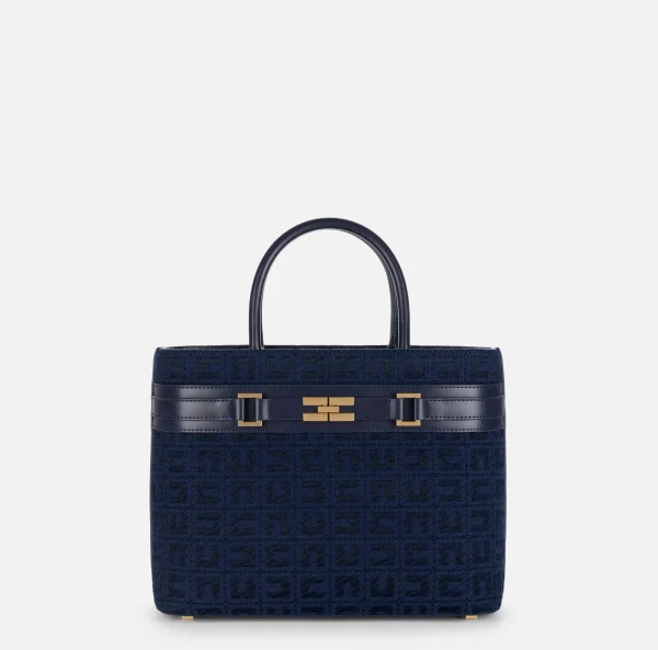 Elisabetta Franchi Borse A Mano^Shopper grande in tessuto jacquard con morsetto Navy