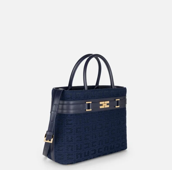 Elisabetta Franchi Borse A Mano^Shopper grande in tessuto jacquard con morsetto Navy