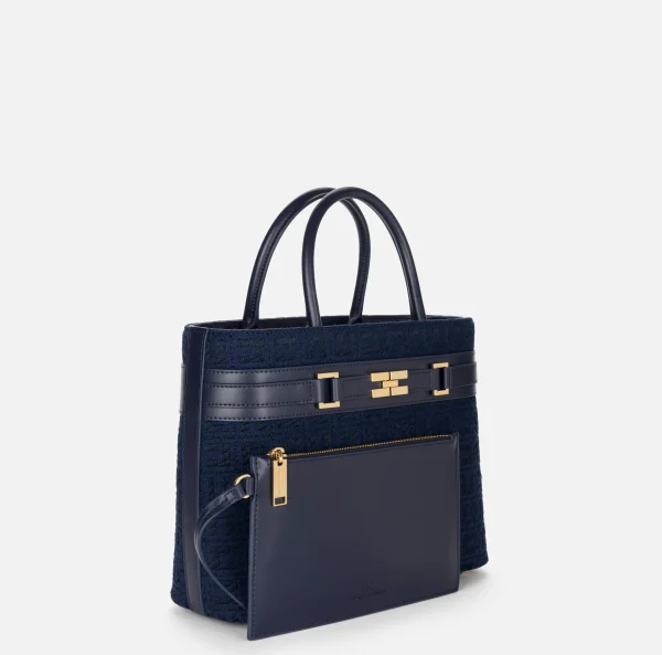 Elisabetta Franchi Borse A Mano^Shopper grande in tessuto jacquard con morsetto Navy