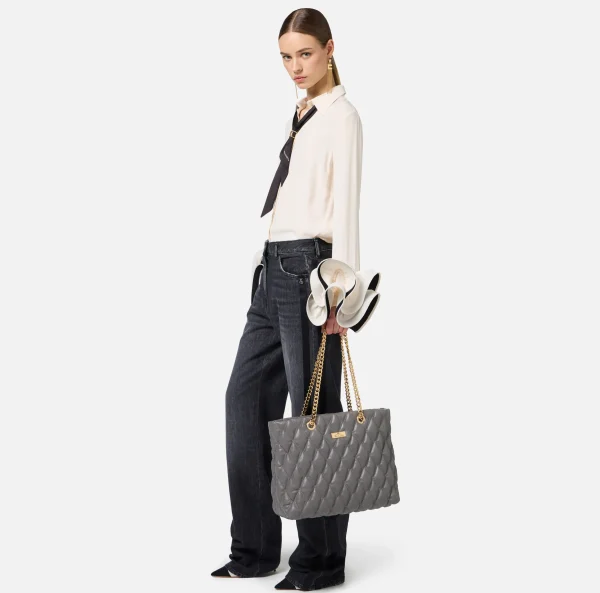 Elisabetta Franchi Borse A Spalla^Shopper in tessuto embossed con manici in catena Steel