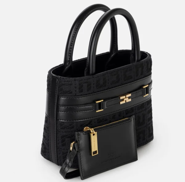Elisabetta Franchi Borse A Mano^Shopper piccola in tessuto jacquard con morsetto Nero