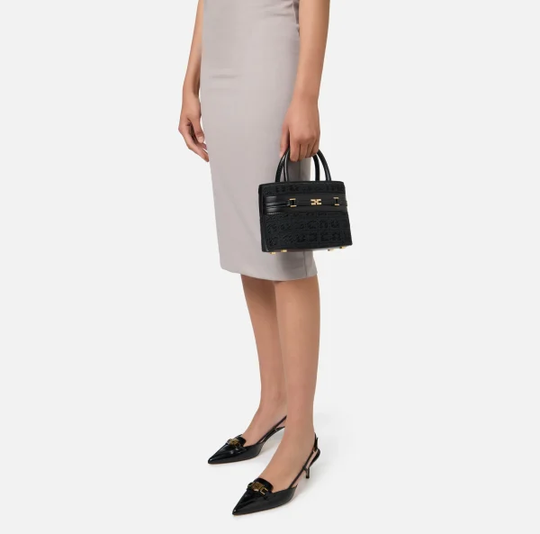 Elisabetta Franchi Borse A Mano^Shopper piccola in tessuto jacquard con morsetto Nero